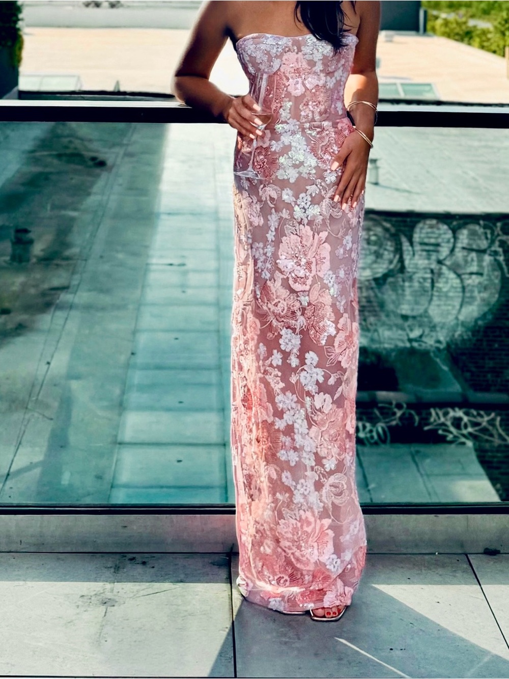 Bronx and Banco Strapless Pink Lace Gown
